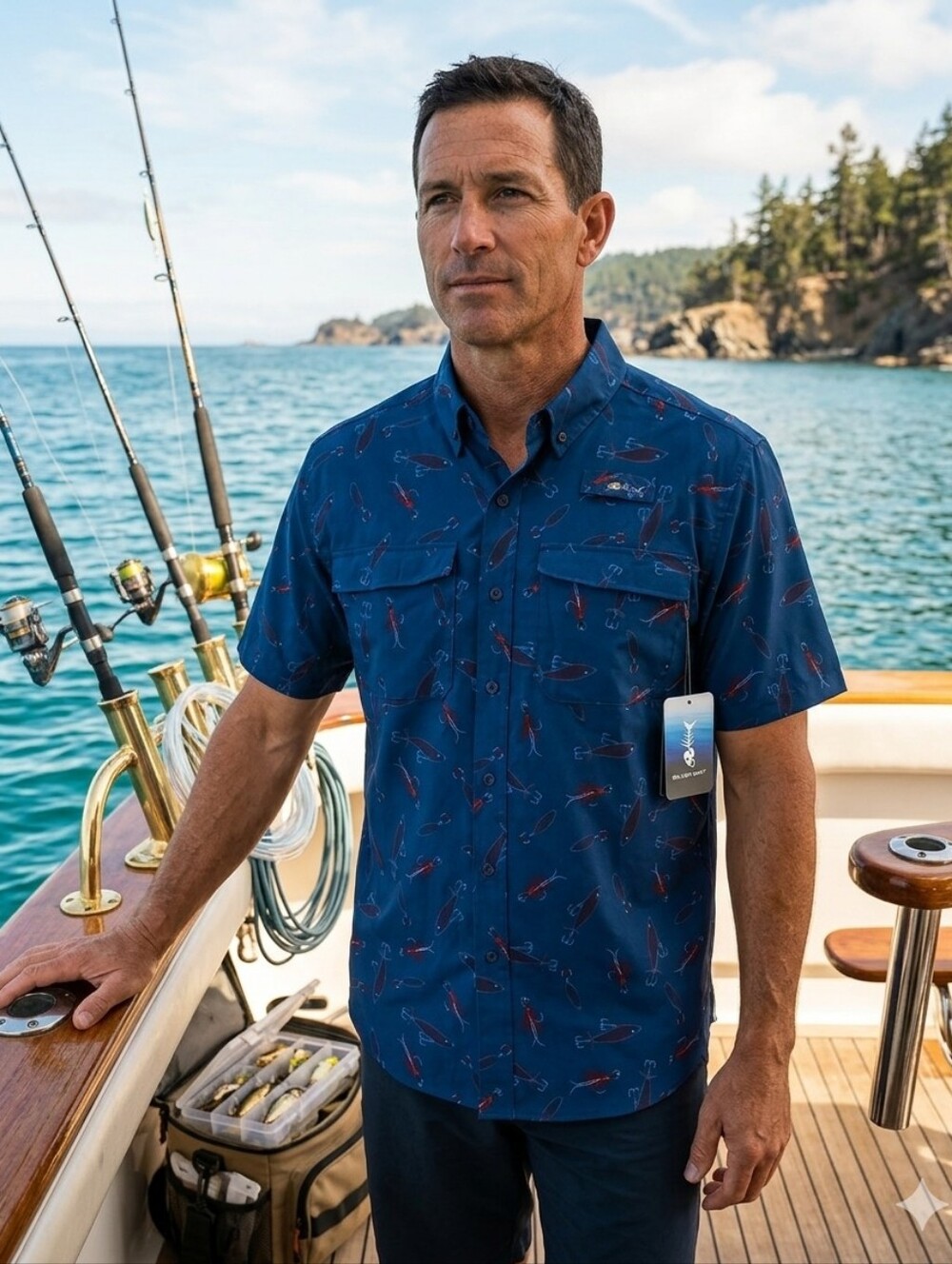 Men's Short-Sleeve Fishing Shirt - Navy with Red Pattern Silver Bait